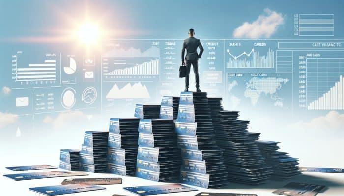 How Debt Consolidation Boosts Confidence: UK Edition | DCL A person atop a mountain of credit cards, symbolising debt consolidation and a fresh start.