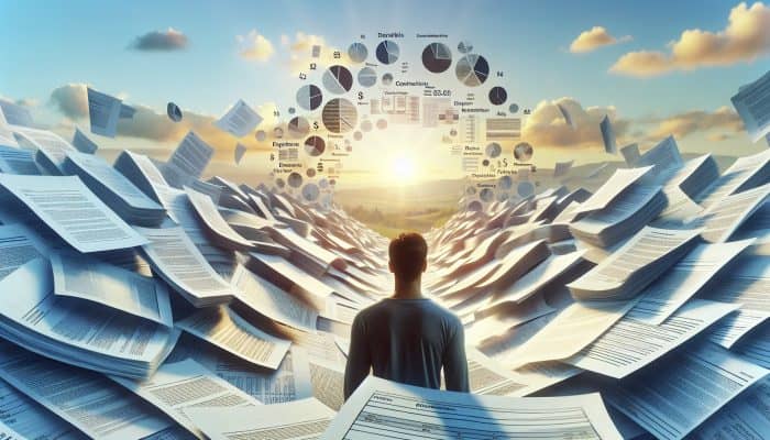 How Debt Consolidation Boosts Confidence: UK Edition | DCL A serene person amidst organised financial documents, symbolising clarity and confidence from debt consolidation, with a hopeful future backdrop.