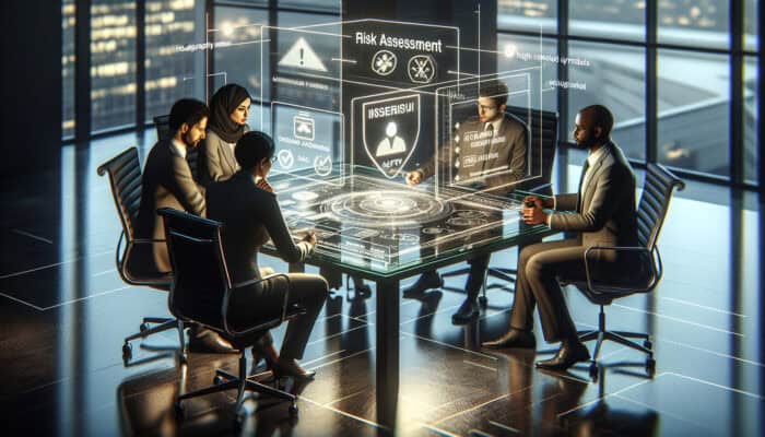 A detailed risk assessment meeting in a modern office, professionals analyzing charts and data on screens for high-stakes human VA projects.