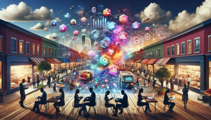 E-commerce Development in Bampton: A digital marketplace in Bampton with entrepreneurs using technology to connect globally, showcasing e-commerce benefits.