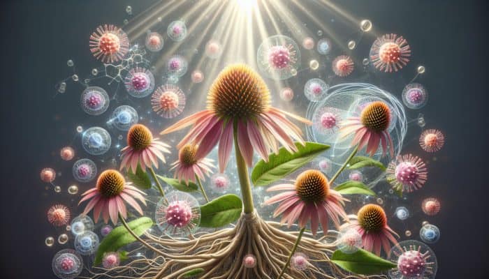 Illustration of Echinacea flowers, roots, leaves, and immune cells in soothing natural light.