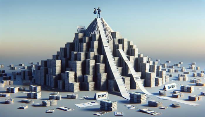 Using the Avalanche Method with Consolidation Loans: UK Guide | DCL Using the Avalanche Method with Consolidation Loans: A person dismantling the highest stack of debts with high interest rates on a mountain, symbolising the avalanche method towards financial freedom.