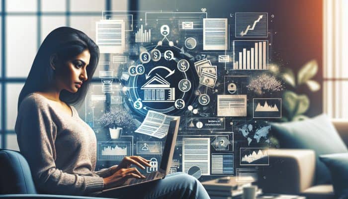 How Balance Transfers Compare to Consolidation Loans | DCL Person using laptop with debt repayment calculator, surrounded by documents and graphs, exploring debt management strategies.