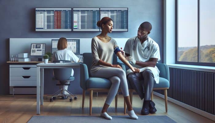 Patient giving blood sample for testosterone test in a modern York clinic, overseen by healthcare professional.