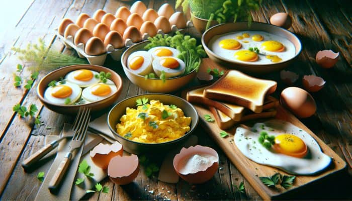 Vibrant breakfast setting featuring scrambled, fried, and boiled eggs on a rustic table decorated with herbs and toast.