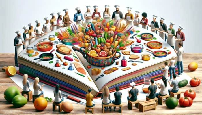 A cozy kitchen scene where novice cooks learn simple recipes from expert chefs using an illustrated cookbook.