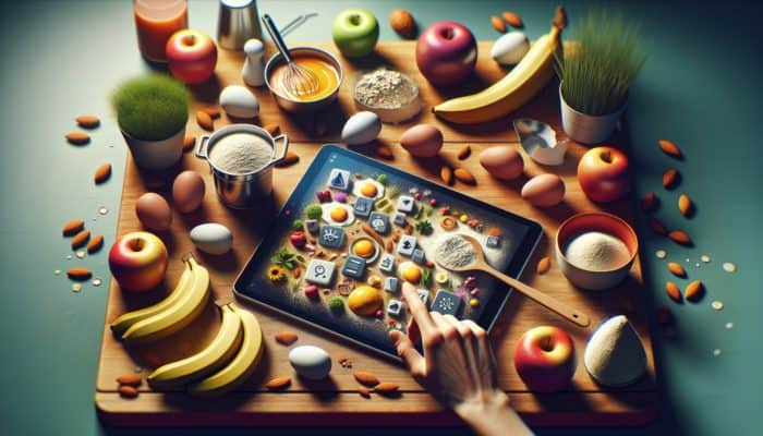 A beginner cook uses a tablet to explore ingredient substitutions in a vibrant kitchen, surrounded by eggs, applesauce, bananas, almond flour, and oats.