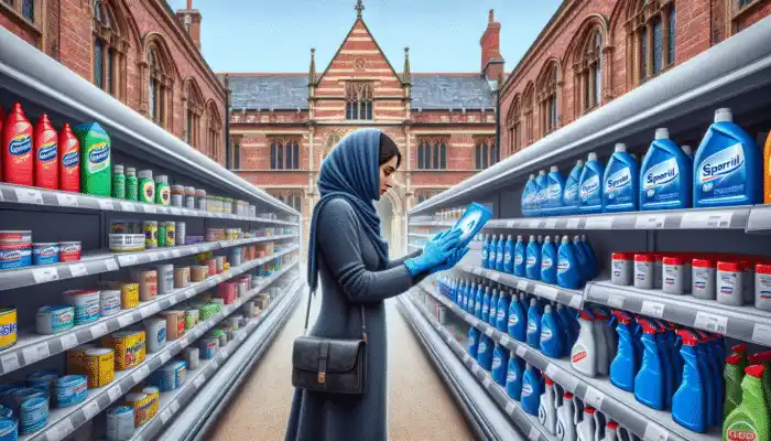 Shopper selecting nitrile gloves in a Warwick supermarket, with visible Tesco and Sainsbury's logos.