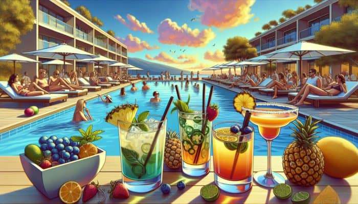 Best Day Drinking Bars at Mandalay Bay: Guests enjoying signature cocktails by the pool: Mandalay Mojito, Spicy Pineapple Margarita, and Sunset Sangria.