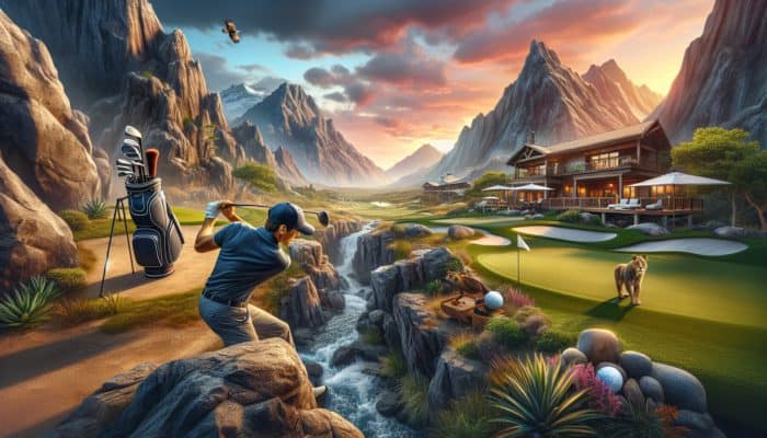 Golfer navigating a challenging course with mountains and wildlife, transitioning to a luxury spa at sunset.