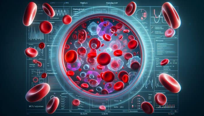 Full Blood Count Test in Blyth: Microscopic blood sample displaying labeled red and white cells, platelets, and essential blood count measurements.