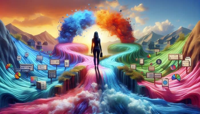 Does Debt Consolidation Ruin Your Credit: UK Insights | DCL Does Debt Consolidation Ruin Your Credit: A person merging colorful debt streams into a clear river, symbolising debt consolidation and financial relief.