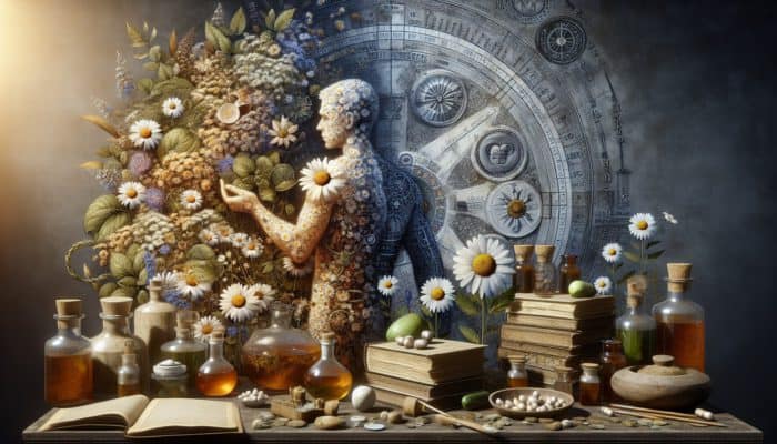 An ancient apothecary scene featuring chamomile flowers and remedies for soothing skin rash and inflammation.