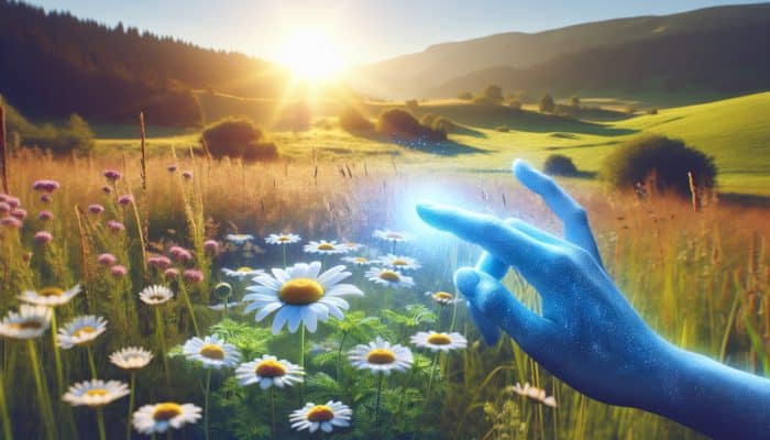 Chamomile flowers in a meadow emitting soothing blue essence onto irritated skin, mitigating redness.