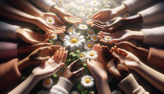 Chamomile flowers illuminated in soft light, diverse hands gently touching petals, symbolizing skincare safety and versatility.