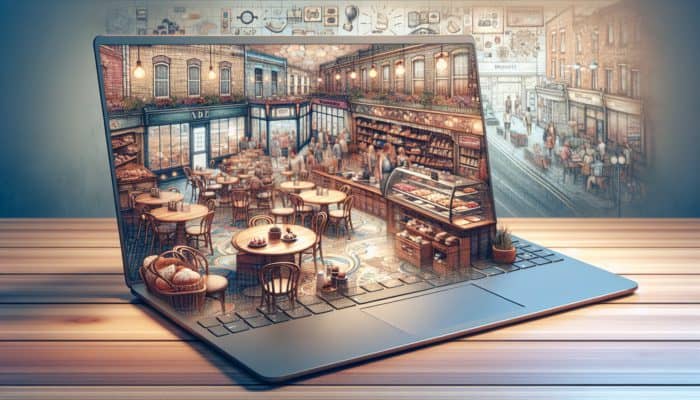 Blog Writing in Weymouth for Small Business: A vibrant café and retail store showcasing a laptop with an engaging blog that boosts SEO and customer engagement.