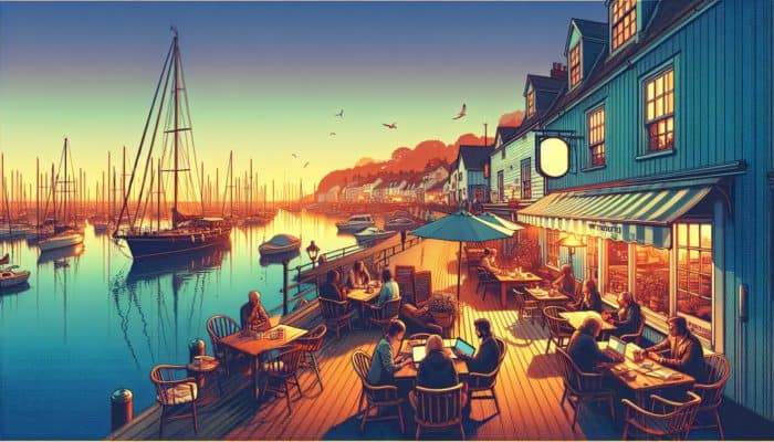 A picturesque Weymouth harbor at sunset, featuring experts writing blogs in a cozy café.
