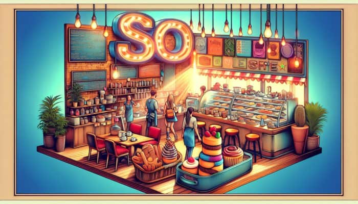 A bustling Weymouth coffee shop with a sign reading "Best Pastries in Weymouth," frequented by locals and tourists, with SEO keywords visible in decor and menu.