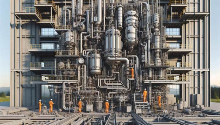 A modern boiler cross-section featuring pipes and valves, with technicians servicing in an industrial setting in Ladner, Delta.