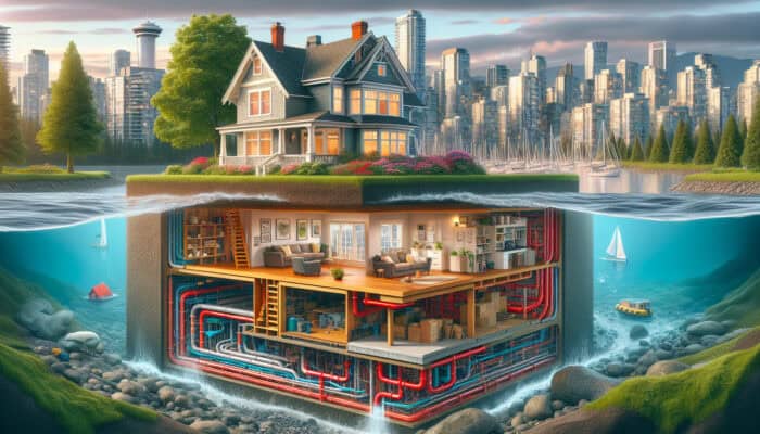 Crawl Space Drainage Services in Yaletown Vancouver: An illustrative cross-section depicting an advanced drainage system efficiently removing excess water from a home’s crawl space.