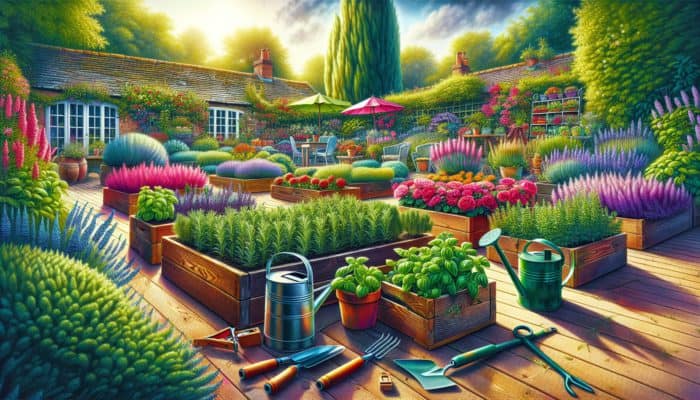 A vibrant UK garden featuring flourishing rosemary, basil, and mint beds, surrounded by gardening tools in a sunny environment.