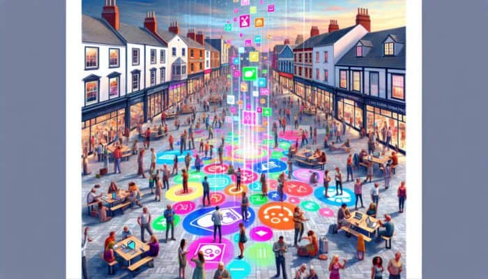 Content Creation in Calne for Small Business: A bustling Calne town square showcasing locals engaged with digital screens that reflect the town's vibrant culture.