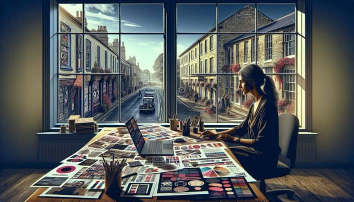 A dedicated small business owner in Calne working diligently at a desk filled with marketing resources and a laptop, with a view of historic architecture.