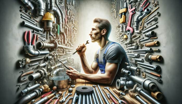 A plumber assessing a checklist in a well-organized workshop to choose the ideal drain service.