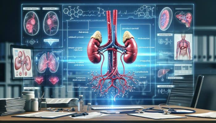 Cortisol Blood Test in Bury: An illustration depicting the cortisol blood test, showing adrenal glands, metabolism, immune response, and stress management within a clinical environment.