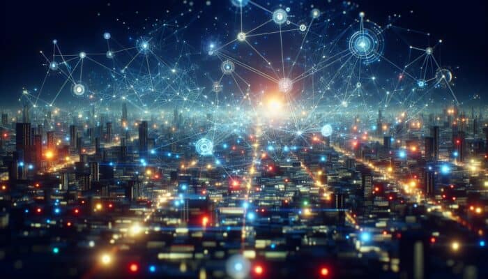 A digital landscape depicting vibrant nodes and glowing pathways optimising content, all set against a futuristic cityscape.