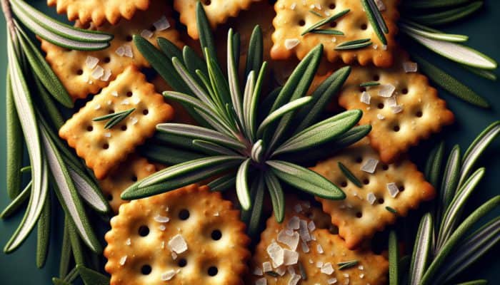 Delicious rosemary-infused crisps and crackers enhanced with vibrant green rosemary leaves, delivering a delightful pine-like aroma.