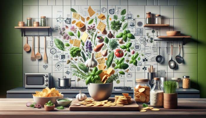 A kitchen scene showcasing an assortment of herbs like basil, rosemary, and thyme incorporated into various snacks, illustrating a healthy snacking guide.