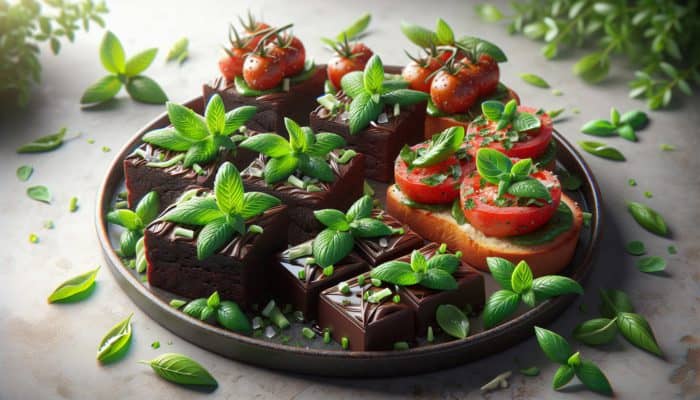 A vibrant snack platter featuring chocolate brownies infused with mint and tomato bruschetta garnished with basil.