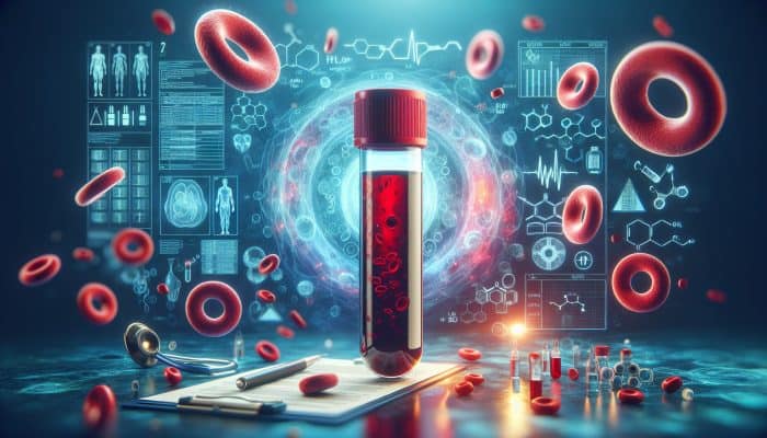Ferritin Blood Test in Droylsden: Visual representation of ferritin blood test including blood vial, ferritin proteins, red blood cells, and iron storage in a clinical context.