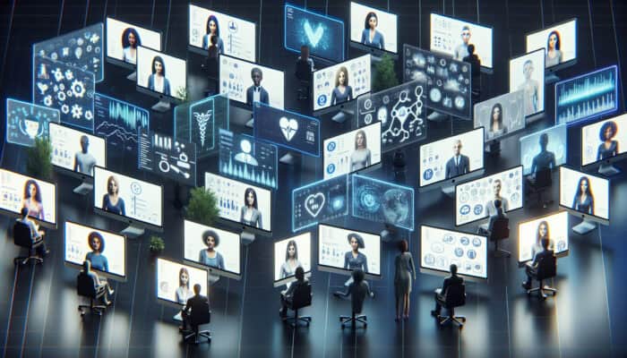 Virtual assistants on screens managing tasks in tech, healthcare, finance, illustrating remote work demand increase.