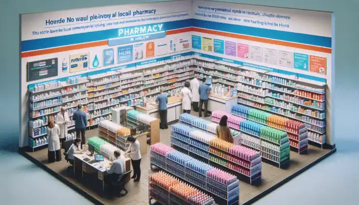 Nitrile Gloves in Harlow: A busy pharmacy displaying nitrile gloves, with staff assisting customers and promotional signage.