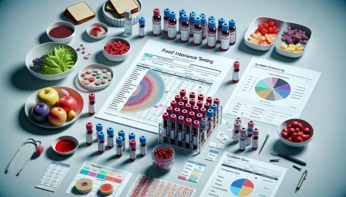 Food Intolerance Test in Heywood: A medical setup featuring blood vials, dietary charts, and a symptom diary for assessing food intolerances.