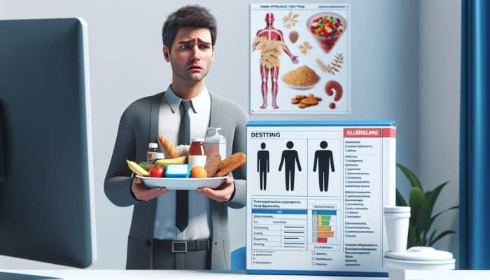 An individual experiencing digestive issues and fatigue, looking perplexed while holding gluten and dairy foods, near a food intolerance test kit in a clinic.