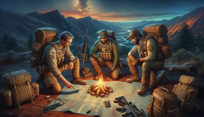 A group of survival experts discussing strategies around a campfire in a rugged wilderness at night.