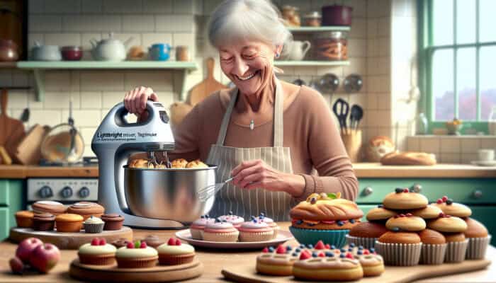 Elderly woman, Mary, baking with ease using a lightweight mixer in her kitchen, surrounded by baked goods.