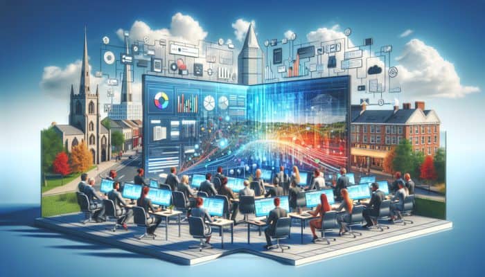 Professionals collaborating on web development in Barnstaple, with modern technology and local landmarks in view.