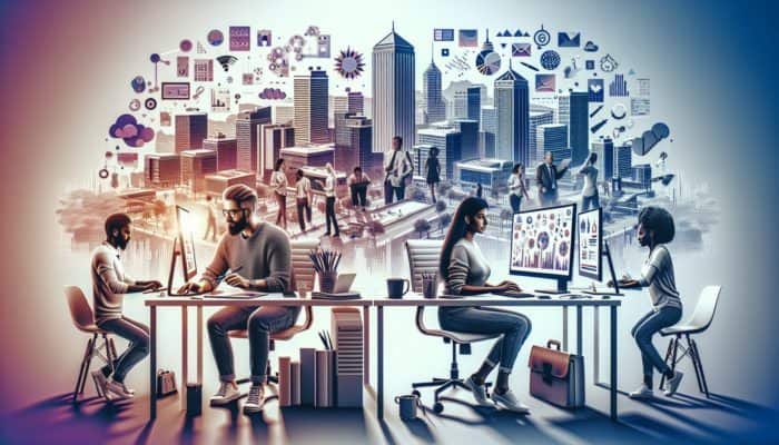 Copywriting in Wellington for Small Business: A vibrant Wellington cityscape with small business owners crafting compelling copy on glowing screens, connecting with diverse customers.