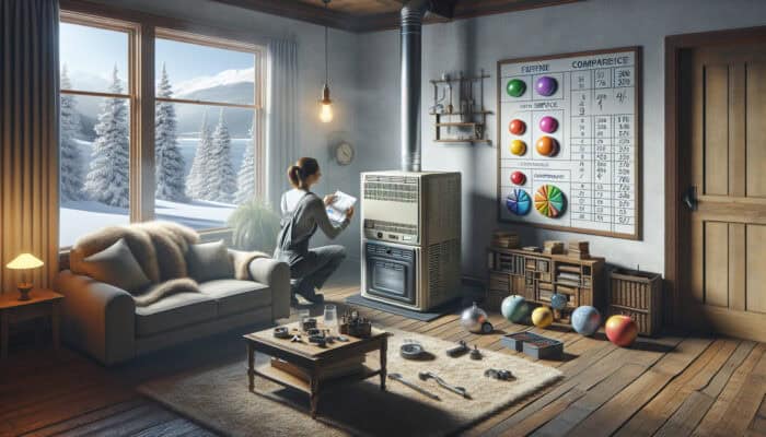 A technician examines an old furnace in a cozy living room, with service plan charts and a snowy Langley view outside.