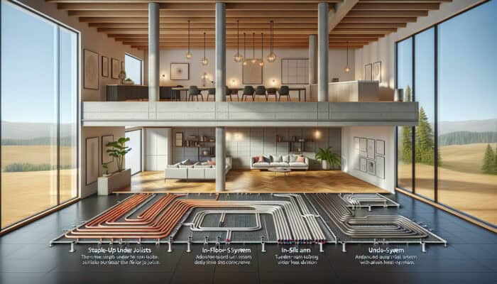 Four types of hydronic radiant floor heating systems displayed in a modern room setting.