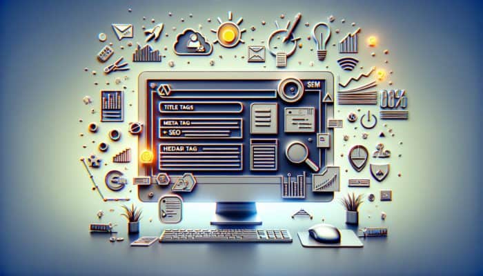 On-Page SEO in Blandford Forum for Small Business: A computer screen displaying a webpage filled with SEO elements like title tags and analytics graphs.