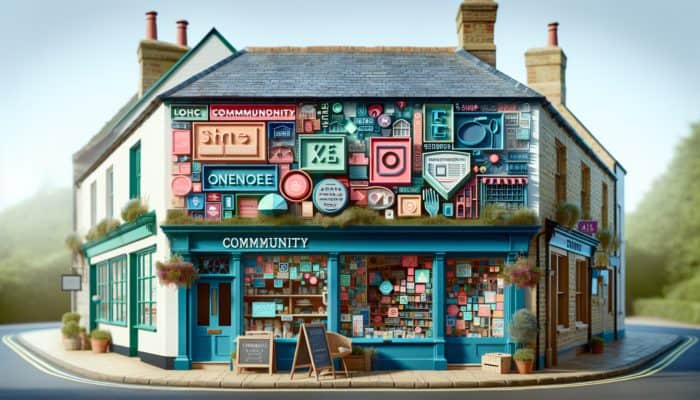 A lively storefront in Blandford Forum displaying local keywords and a community map to enhance on-page SEO.