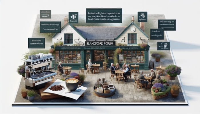 A bustling café in Blandford Forum showcasing signs for the best coffee and posters for community events.