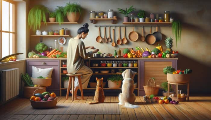 A pet owner in a cosy kitchen preparing a nutritious, cost-effective meal for their dog and cat with fresh ingredients.