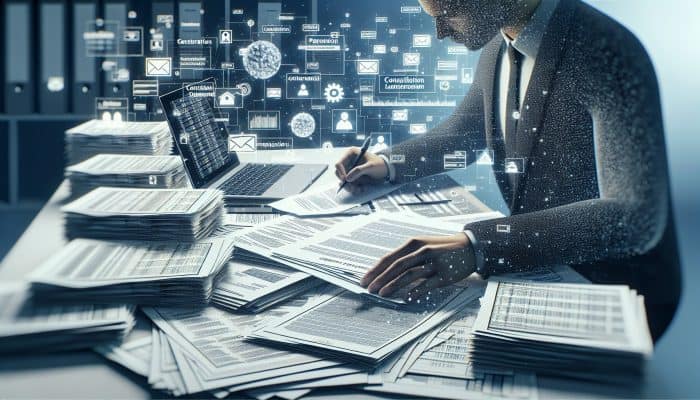 Person at desk filling out consolidation loan application, surrounded by financial documents and laptop showing credit reports.