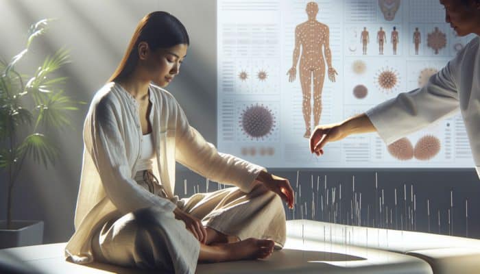 A serene person in loose, comfortable clothing during an acupuncture session with needles on accessible points.